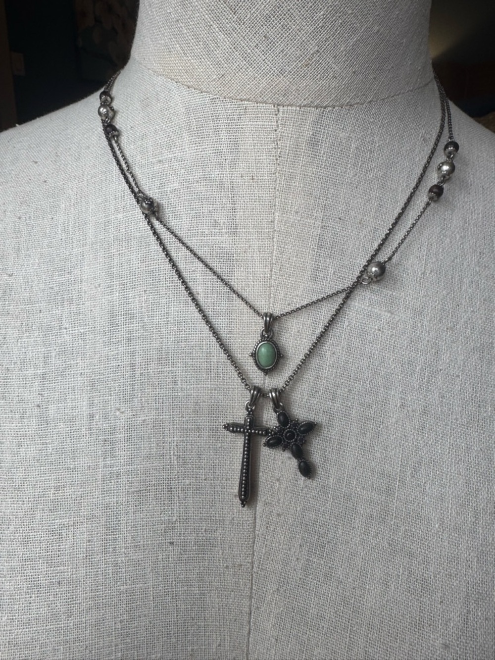 Lucky Brand Silver-Tone Layered Necklace with Mint Green Stone
